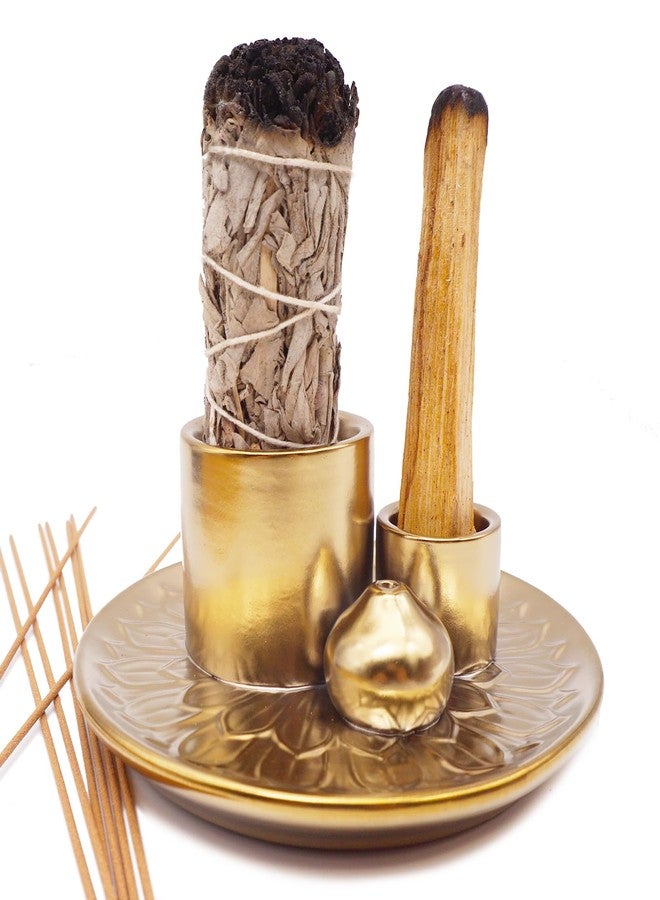 YIENENG 4 in 1 Multifunctional Ceramic Incense and Candle Holder with Ash Catcher Tray Suit for Burning White Sage, Palo Santo Sticks (Golden) - Image 4