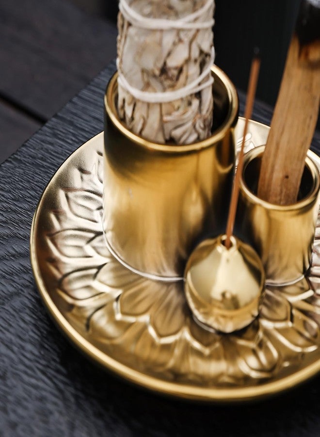 YIENENG 4 in 1 Multifunctional Ceramic Incense and Candle Holder with Ash Catcher Tray Suit for Burning White Sage, Palo Santo Sticks (Golden) - Image 5