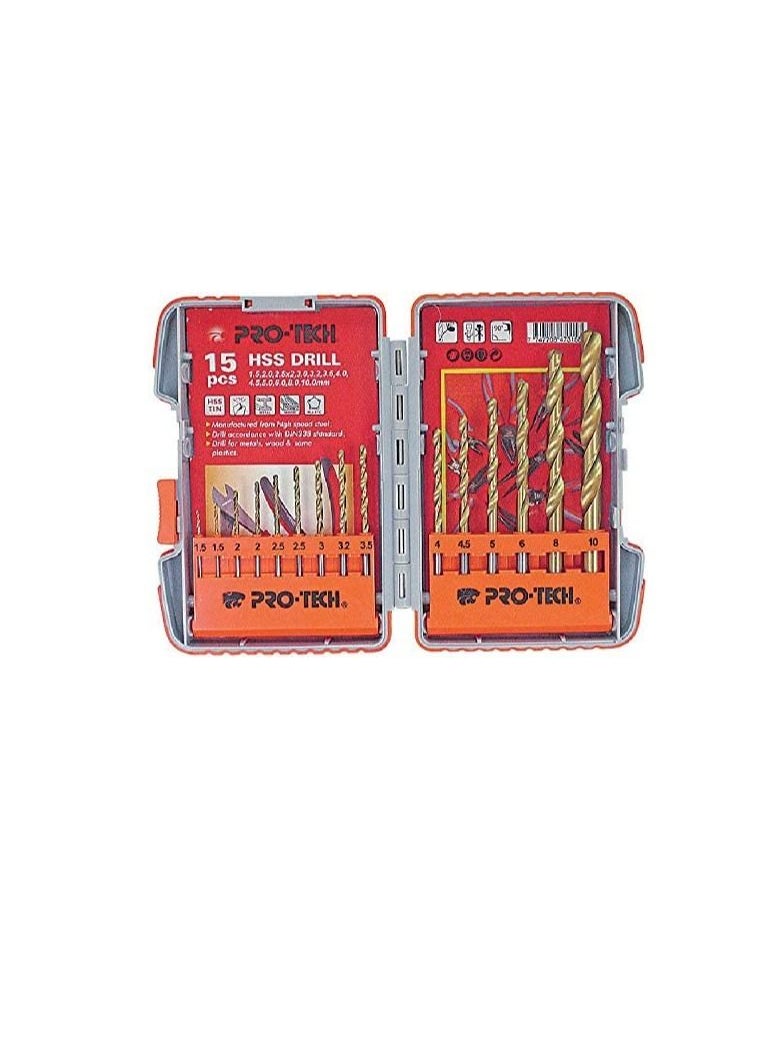 PRO-TECH Pro-tech 15 Pcs Tii-coated Hss Drill Bit Set [dbmtls15]  - Image 1