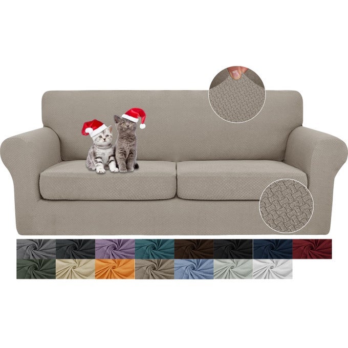 3 PIECES COUCH COVERS FOR 2 CUSHION COUCH STRETCH SOFA SLIPCOVER WITH 2 EXTRA LARGE SEAT CUSHION COVERS THICK FITTED LOVESEAT SOFA COVERS FOR LIVING ROOM XL LOVESEAT KHAKI