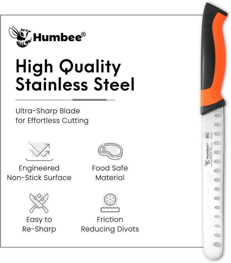 Humbee 8-Inch Chef Carving Knife with Granton Edge for Slicing Turkey Ham and Meat | NSF Certified | German Stainless Steel Blade | Dishwasher Safe Ergonomic Handle, DT-21 Series, Orange - Image 5