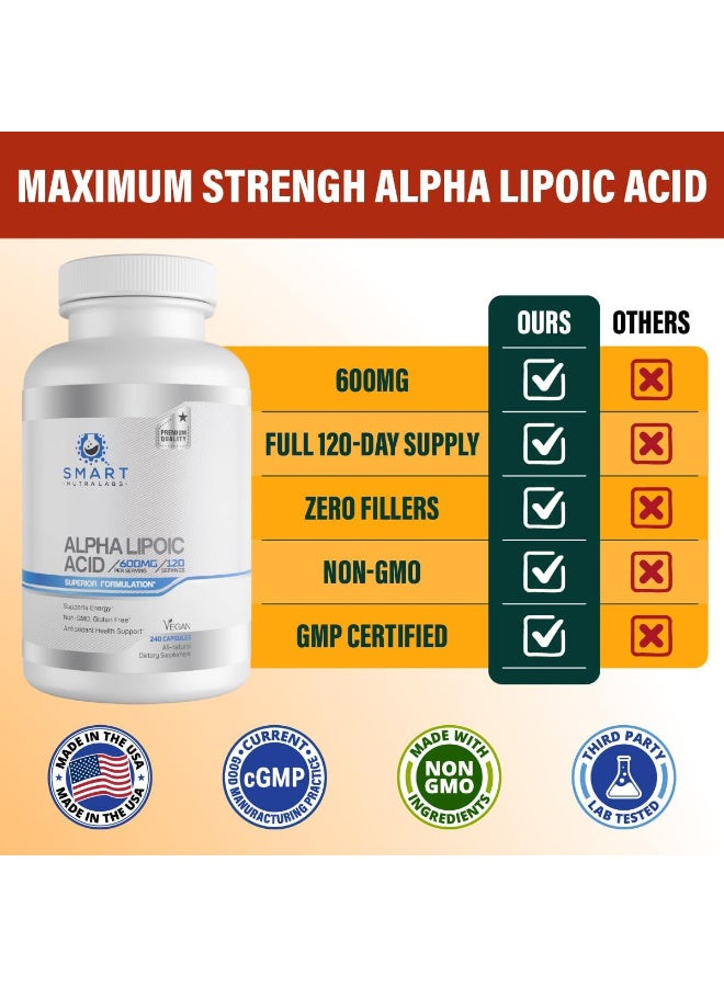 Smart Nutra Labs Alpha Lipoic Acid 600mg Per Serving, 240 Vegan Capsules- Gluten Free, Pure Non-GMO ALA- Supports Energy & Anti Oxidant - Image 4