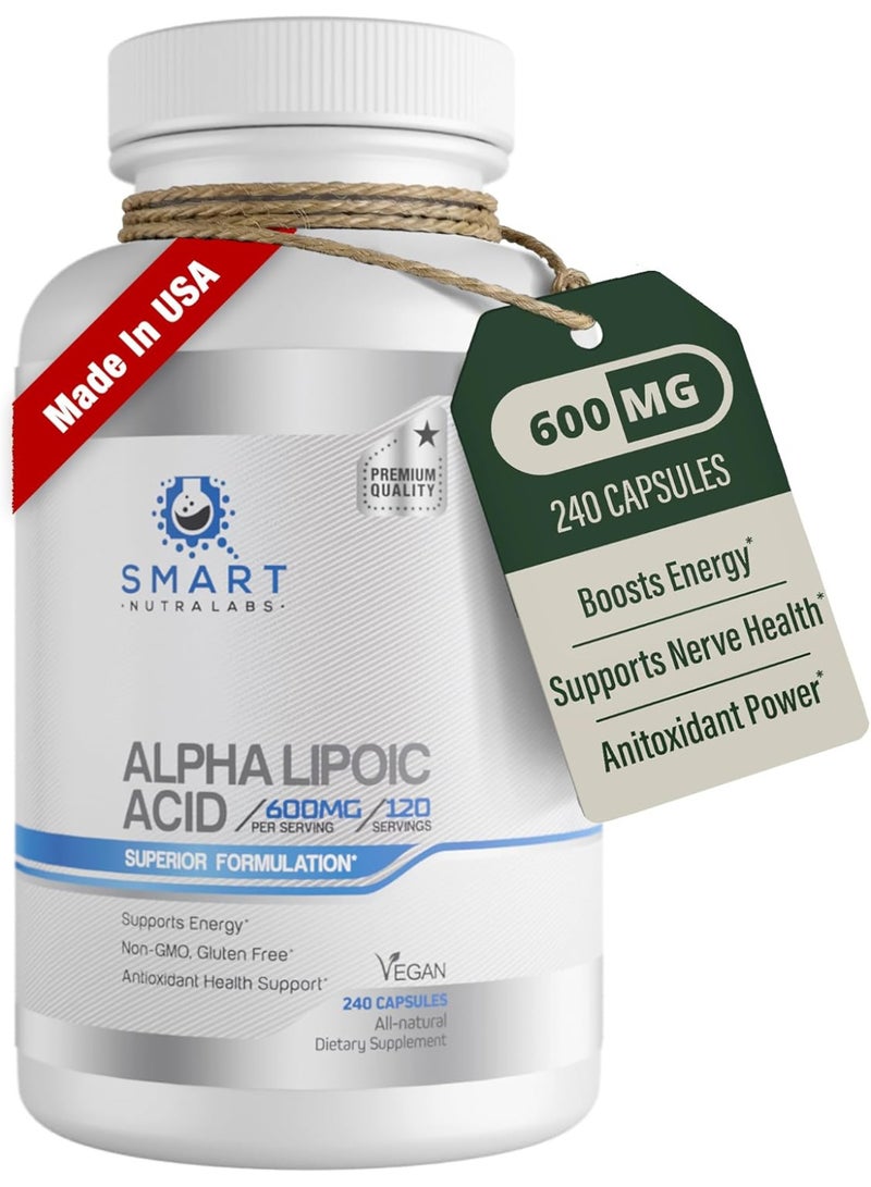 Smart Nutra Labs Alpha Lipoic Acid 600mg Per Serving, 240 Vegan Capsules- Gluten Free, Pure Non-GMO ALA- Supports Energy & Anti Oxidant - Image 1