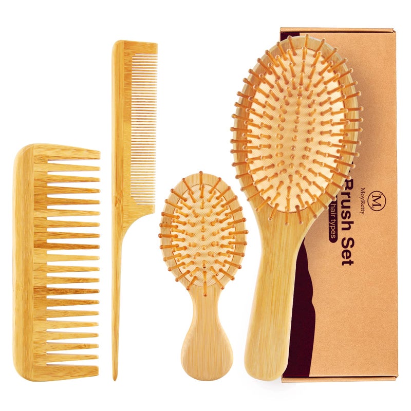 MoyRetty Bamboo Hair Brush Comb Set  Natural Wooden Hairbrush Paddle Detangling for Thick Thin Curly Straight Wavy Dry Fine Hair Men Women and Kids StaticFree4 Pcs Yellow