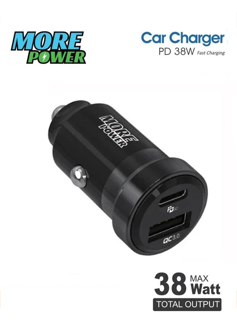 MORE POWER MORE Car Charger Dual Port 38W (USB-C + USB-A) - Fast Charging with PD Technology - Image 1