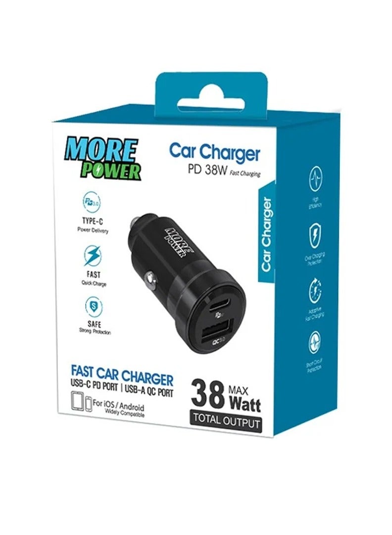 MORE POWER MORE Car Charger Dual Port 38W (USB-C + USB-A) - Fast Charging with PD Technology - Image 2