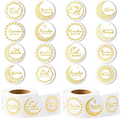 W1cwey Ramada Eid-Al-Fitr Stickers Rolls - 1000pcs(2 Rolls)Gold Ramadan Eid Al Fitr Party Moon Pattern Round Sticker Roll Gift Tag Label Self-Adhesive Giftwrap Decal Gift Wraping Waterbottle Scrapbook - Image 1
