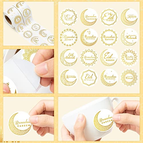 W1cwey Ramada Eid-Al-Fitr Stickers Rolls - 1000pcs(2 Rolls)Gold Ramadan Eid Al Fitr Party Moon Pattern Round Sticker Roll Gift Tag Label Self-Adhesive Giftwrap Decal Gift Wraping Waterbottle Scrapbook - Image 3