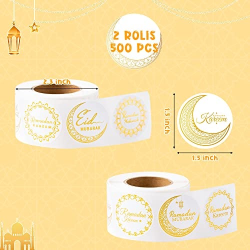 W1cwey Ramada Eid-Al-Fitr Stickers Rolls - 1000pcs(2 Rolls)Gold Ramadan Eid Al Fitr Party Moon Pattern Round Sticker Roll Gift Tag Label Self-Adhesive Giftwrap Decal Gift Wraping Waterbottle Scrapbook - Image 2