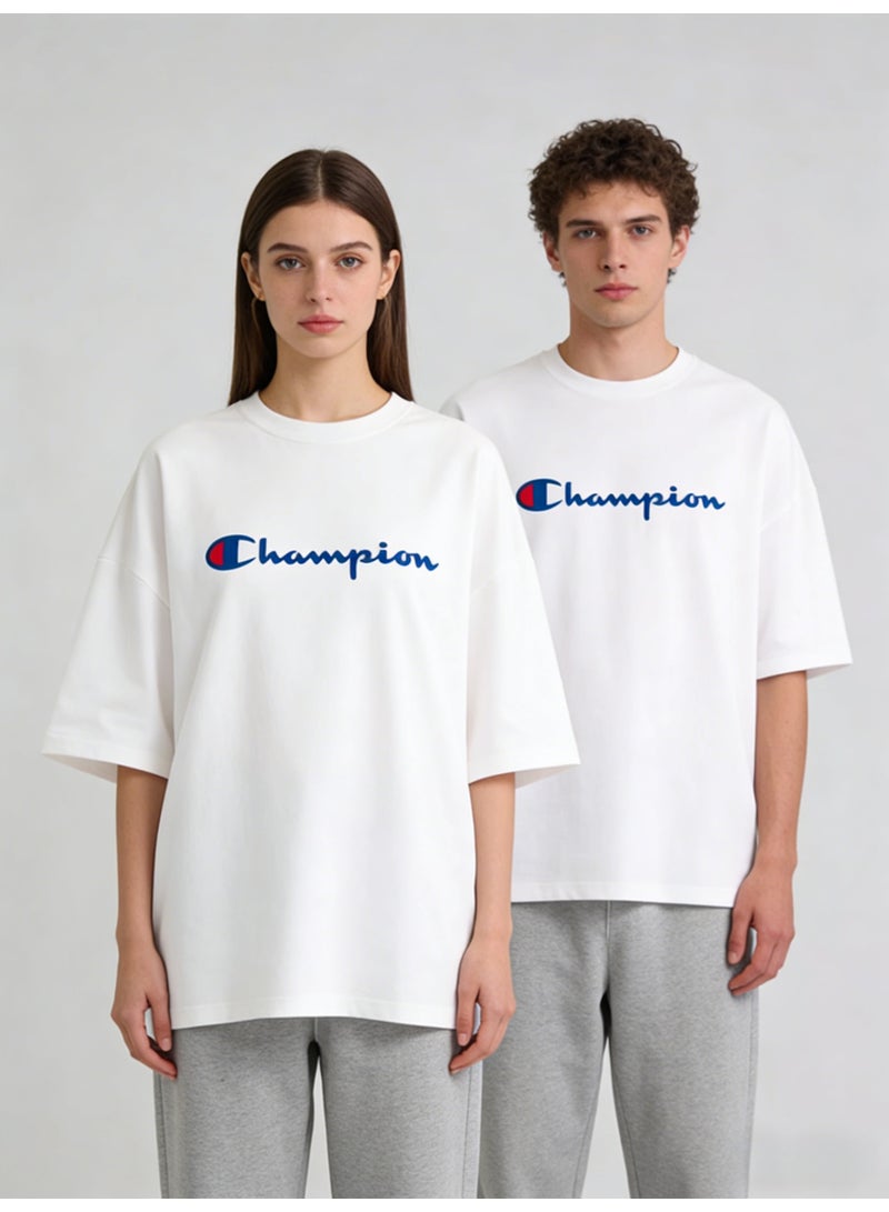 شامبيون Champion Logo White Oversized Plus Size T-Shirt - Unisex Cotton Tee for Men & Women - Image 1