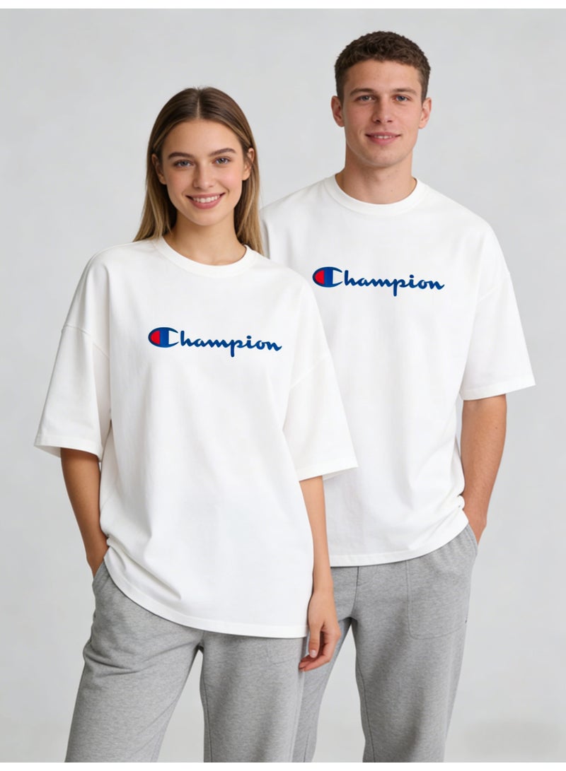 شامبيون Champion Logo White Oversized Plus Size T-Shirt - Unisex Cotton Tee for Men & Women - Image 4