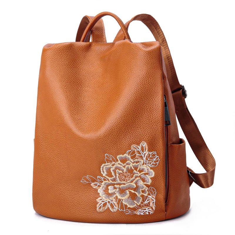 BOYATU Genuine Leather Backpack for Women: Elegant Floral Designer Purse - Small Shoulder Bag for Travel (Brown) - Image 1