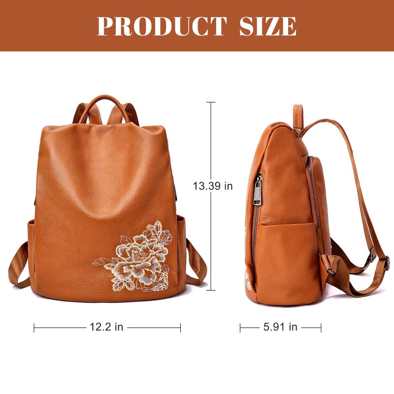 BOYATU Genuine Leather Backpack for Women: Elegant Floral Designer Purse - Small Shoulder Bag for Travel (Brown) - Image 3
