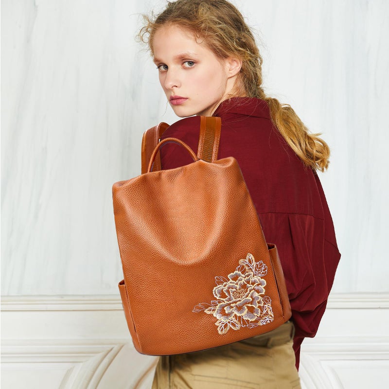 BOYATU Genuine Leather Backpack for Women: Elegant Floral Designer Purse - Small Shoulder Bag for Travel (Brown) - Image 2