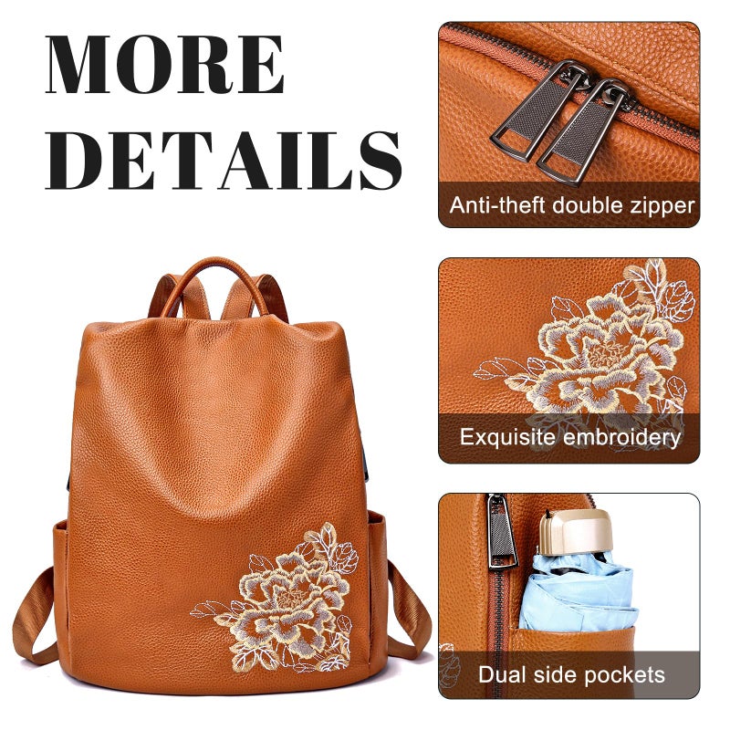 BOYATU Genuine Leather Backpack for Women: Elegant Floral Designer Purse - Small Shoulder Bag for Travel (Brown) - Image 5