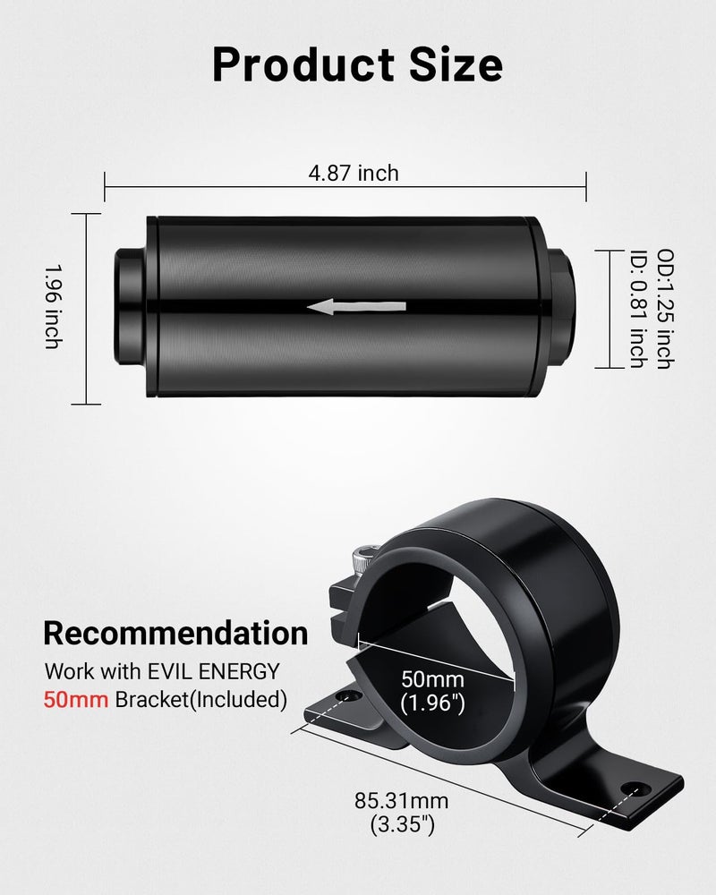 EVIL ENERGY Inline Fuel Filter 10 Micron with 6AN 8AN 10AN Adapter&Bracket Clamp 50MM Universal - Image 2