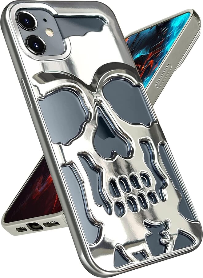 Next Next Store Compatible with iPhone 11 PC Case Skull Design with Laser Color Film, Hollowed Out Glossy Finish, Slim Stylish Shell." (Silver)