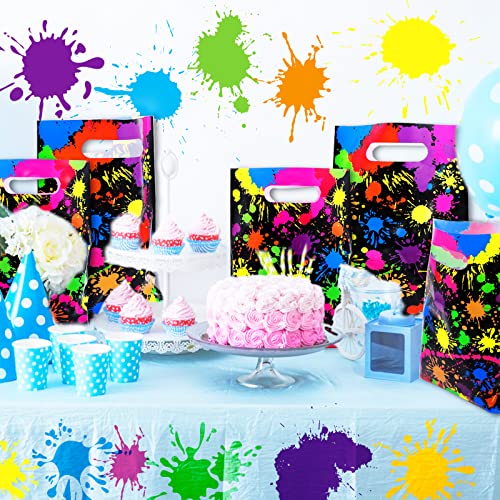 Omlisca Neon Party Favors Gift Bags 50 Pcs Art Paint Splatter Colorful Goodie Bags Plastic Candy Treat Bags with Handles for Birthday Shower Neon Retro 80s 90s Theme Party Supplies Decorations - Image 5