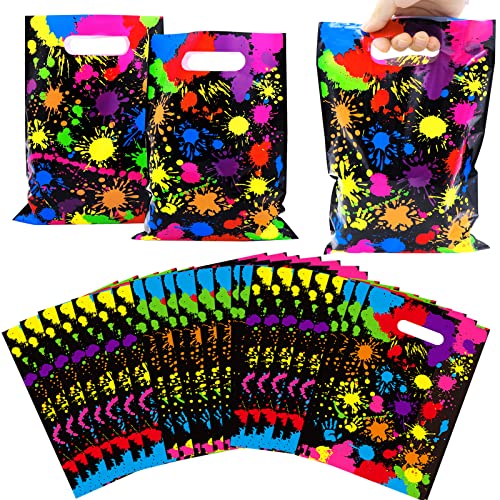 Omlisca Neon Party Favors Gift Bags 50 Pcs Art Paint Splatter Colorful Goodie Bags Plastic Candy Treat Bags with Handles for Birthday Shower Neon Retro 80s 90s Theme Party Supplies Decorations - Image 1