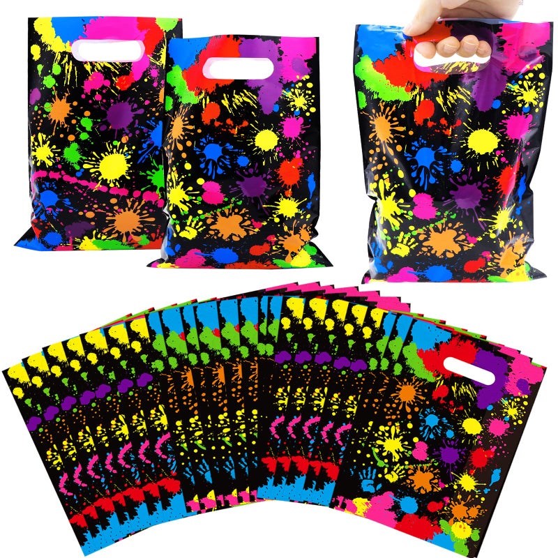 Omlisca Neon Party Favors Gift Bags 50 Pcs Art Paint Splatter Colorful Goodie Bags Plastic Candy Treat Bags with Handles for Birthday Shower Neon Retro 80s 90s Theme Party Supplies Decorations - Image 3