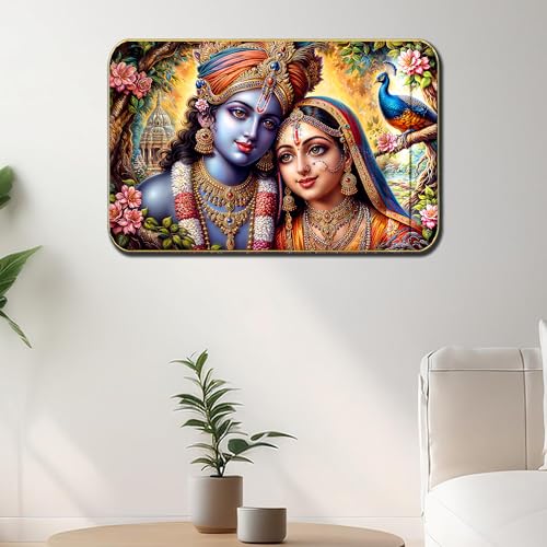 Masstone Radha Krishna Crystal Embedded High Gloss Wall Painting, Golden Slim Frame, 45x30 Cm Wall Art for Living Room, Bedroom, Office & Home Décor (HG03) - Image 1