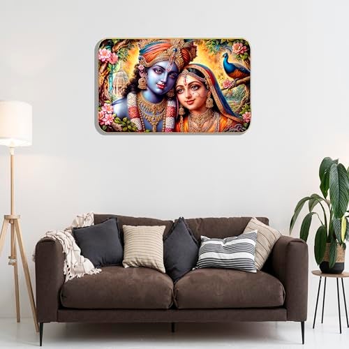 Masstone Radha Krishna Crystal Embedded High Gloss Wall Painting, Golden Slim Frame, 45x30 Cm Wall Art for Living Room, Bedroom, Office & Home Décor (HG03) - Image 2