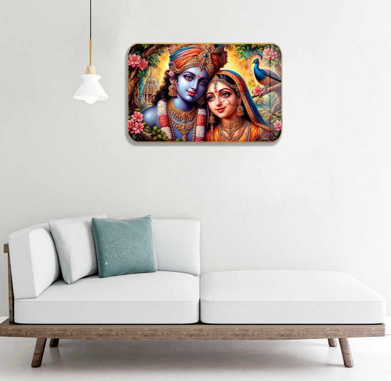 Masstone Radha Krishna Crystal Embedded High Gloss Wall Painting, Golden Slim Frame, 45x30 Cm Wall Art for Living Room, Bedroom, Office & Home Décor (HG03) - Image 3