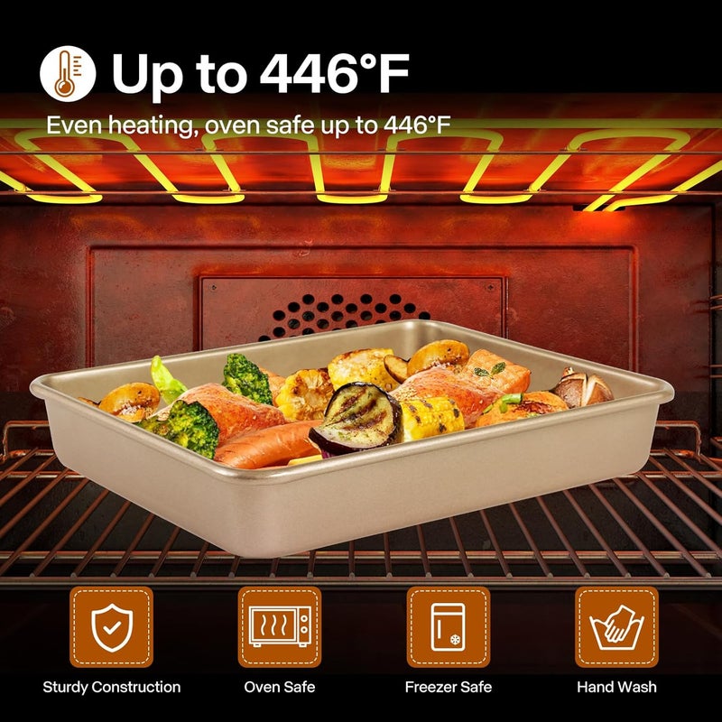 Barlket Rectangle Cake Pan, 9x11 Baking Pan, Deep Bread Pan Nonstick, Toaster Oven Tray Bakeware for Brownies, Heavy Duty, 11x9x2 Inch, Pack of 2, Gold, Easy Release - Image 4