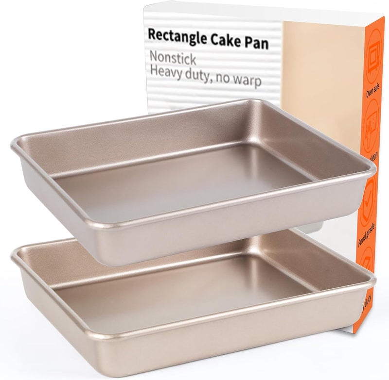 Barlket Rectangle Cake Pan, 9x11 Baking Pan, Deep Bread Pan Nonstick, Toaster Oven Tray Bakeware for Brownies, Heavy Duty, 11x9x2 Inch, Pack of 2, Gold, Easy Release - Image 1
