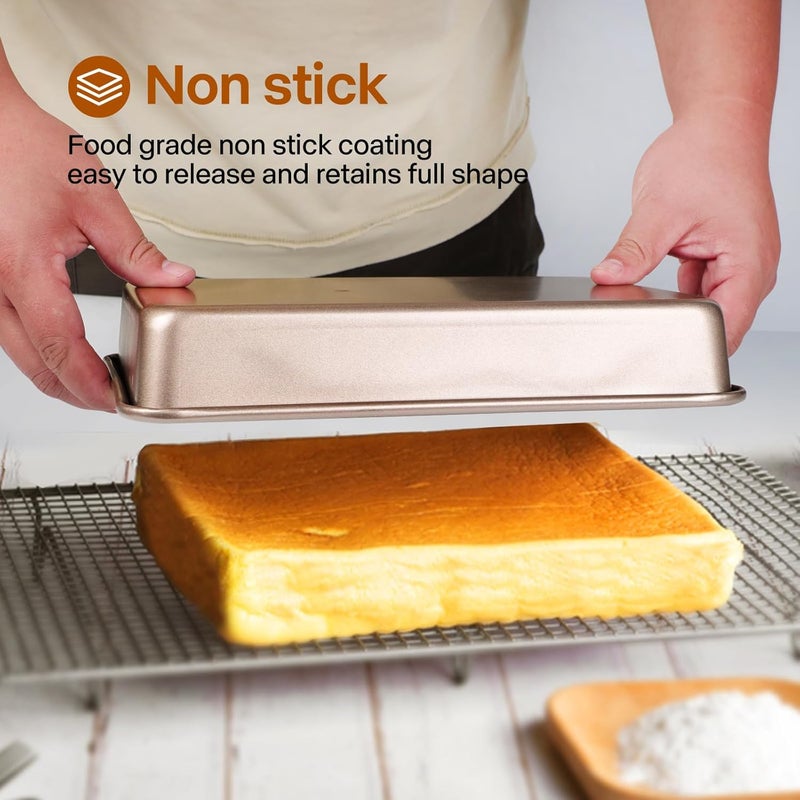 Barlket Rectangle Cake Pan, 9x11 Baking Pan, Deep Bread Pan Nonstick, Toaster Oven Tray Bakeware for Brownies, Heavy Duty, 11x9x2 Inch, Pack of 2, Gold, Easy Release - Image 5