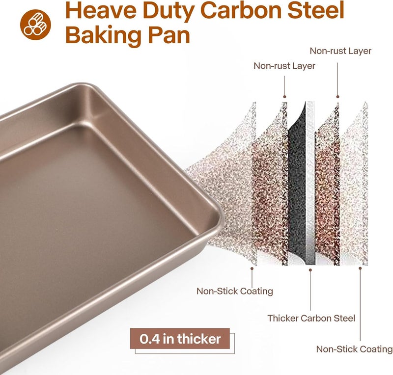 Barlket Rectangle Cake Pan, 9x11 Baking Pan, Deep Bread Pan Nonstick, Toaster Oven Tray Bakeware for Brownies, Heavy Duty, 11x9x2 Inch, Pack of 2, Gold, Easy Release - Image 2