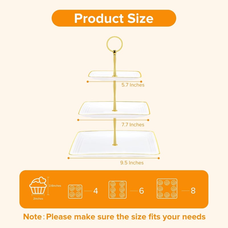 Hoedia 3 Tier Cupcake Stand Tower, Plastic White Cup Cake Holder for Dessert stands, Tiered Serving Tray for Tea Party, Birthday Party, Wedding Decor and Baby Shower(Square) - Image 2