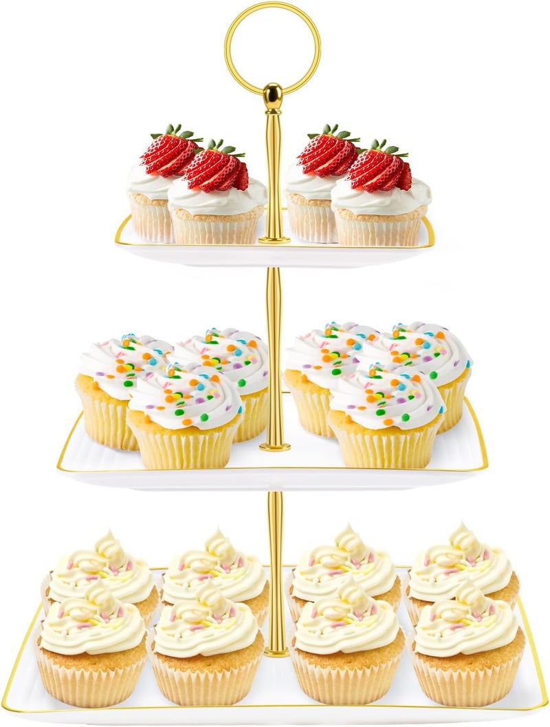 Hoedia 3 Tier Cupcake Stand Tower, Plastic White Cup Cake Holder for Dessert stands, Tiered Serving Tray for Tea Party, Birthday Party, Wedding Decor and Baby Shower(Square) - Image 1
