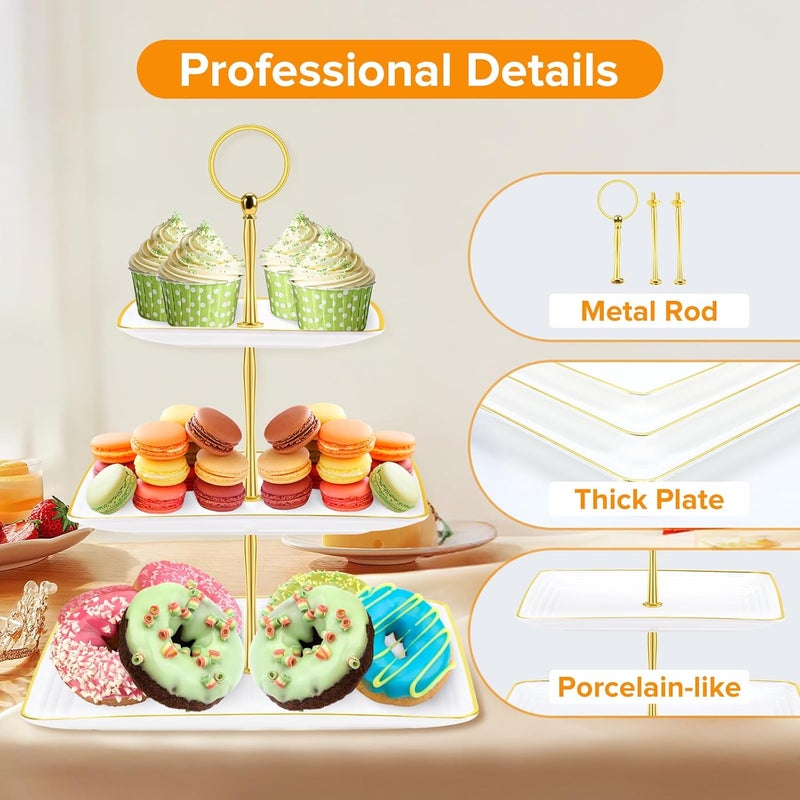 Hoedia 3 Tier Cupcake Stand Tower, Plastic White Cup Cake Holder for Dessert stands, Tiered Serving Tray for Tea Party, Birthday Party, Wedding Decor and Baby Shower(Square) - Image 3