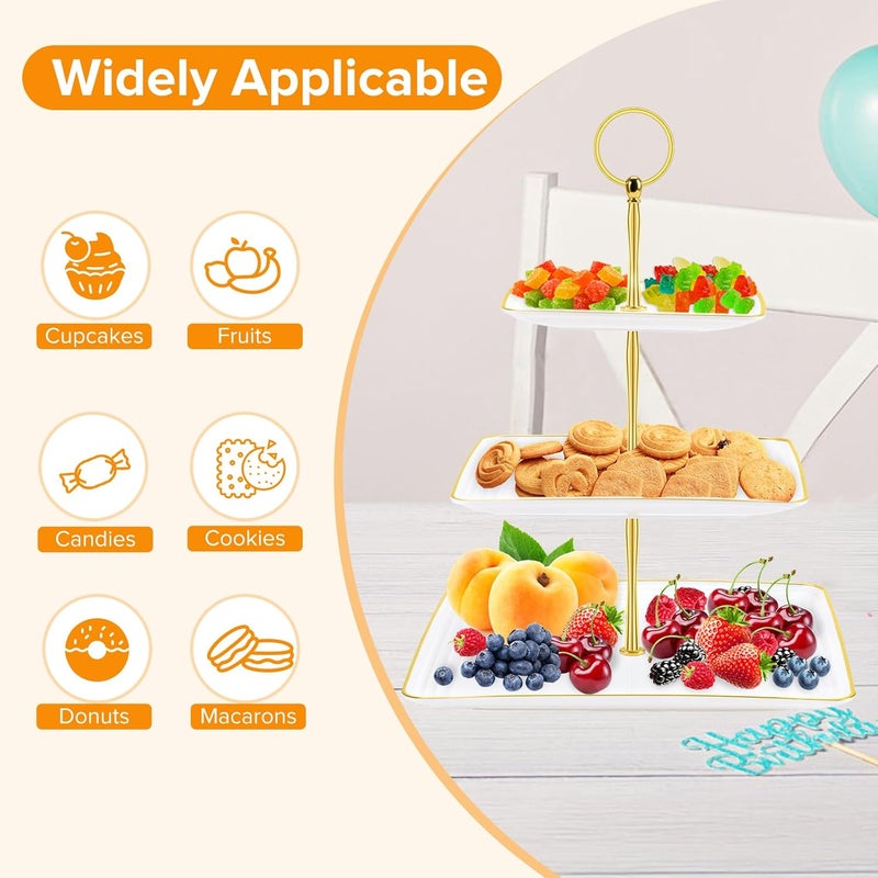 Hoedia 3 Tier Cupcake Stand Tower, Plastic White Cup Cake Holder for Dessert stands, Tiered Serving Tray for Tea Party, Birthday Party, Wedding Decor and Baby Shower(Square) - Image 4