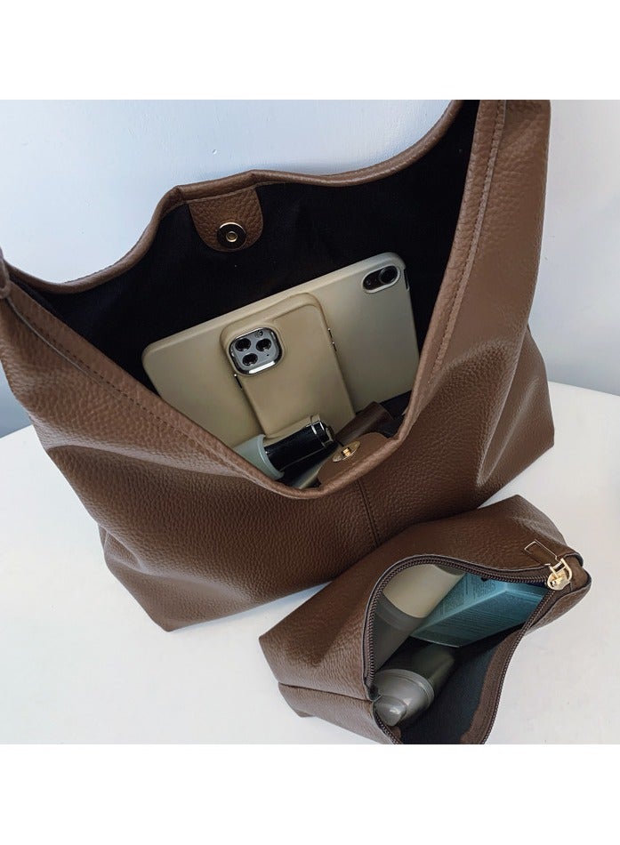 Women's shoulder bag Textured leather coffee brown texture inside with small bag daily commute - Image 5