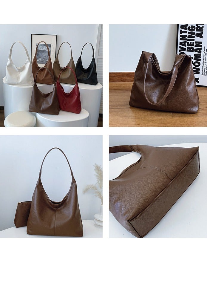 Women's shoulder bag Textured leather coffee brown texture inside with small bag daily commute - Image 4