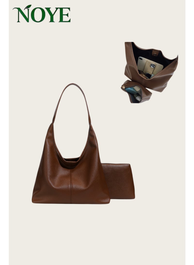 NOYE Women's shoulder bag Textured leather coffee brown texture inside with small bag daily commute - Image 1