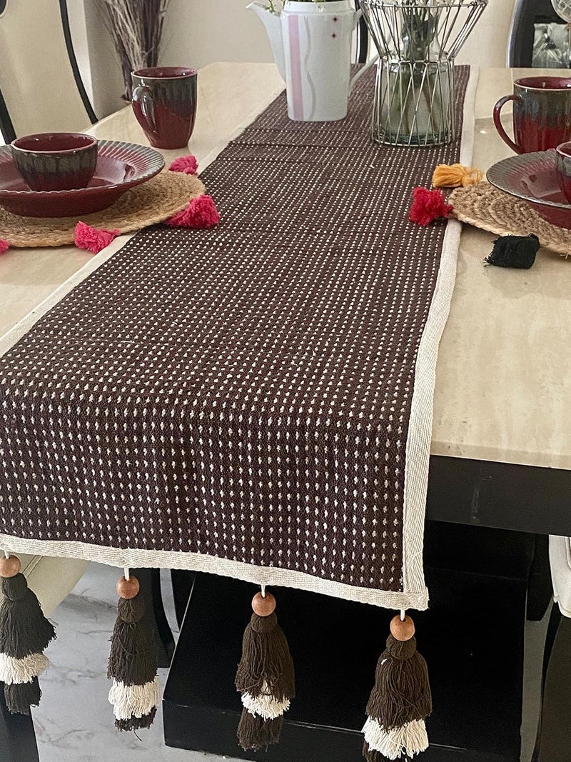 Teertha Teertha Hand Woven Handloom Cotton Table Runner with Tassels for 6 Seater Center Table Runner Size 13X72 Inches Blue Beige  - Image 1