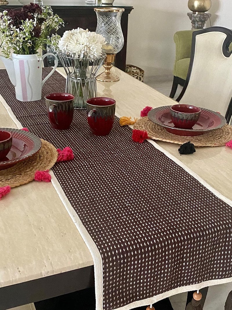 Teertha Teertha Hand Woven Handloom Cotton Table Runner with Tassels for 6 Seater Center Table Runner Size 13X72 Inches Blue Beige  - Image 3