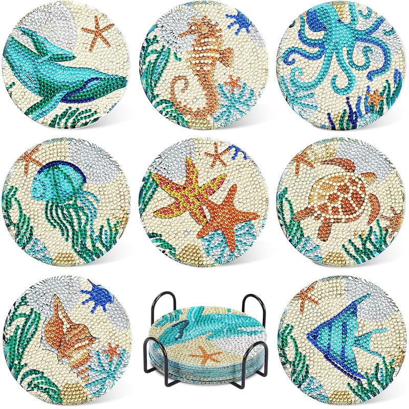 Retailio 8Piece Ocean Diamond Art Coaster Kit DIY NonSlip Craft Set with Holder Perfect Art Supplies for Adults Creative Christmas Gifts - Image 1