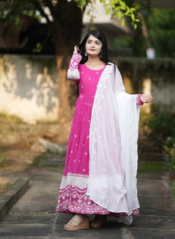 Super Asian Faux Georgette Anarkali Gown with All-Over Embroidery, Full Sleeves, Micro Cotton Lining, Pants & Lace Border Dupatta - Image 1