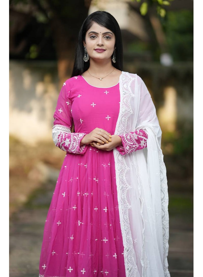 Super Asian Faux Georgette Anarkali Gown with All-Over Embroidery, Full Sleeves, Micro Cotton Lining, Pants & Lace Border Dupatta - Image 2