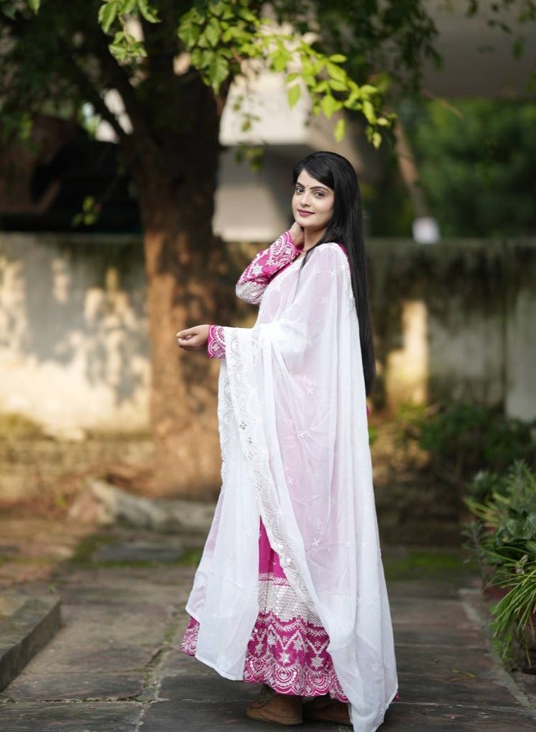 Super Asian Faux Georgette Anarkali Gown with All-Over Embroidery, Full Sleeves, Micro Cotton Lining, Pants & Lace Border Dupatta - Image 3