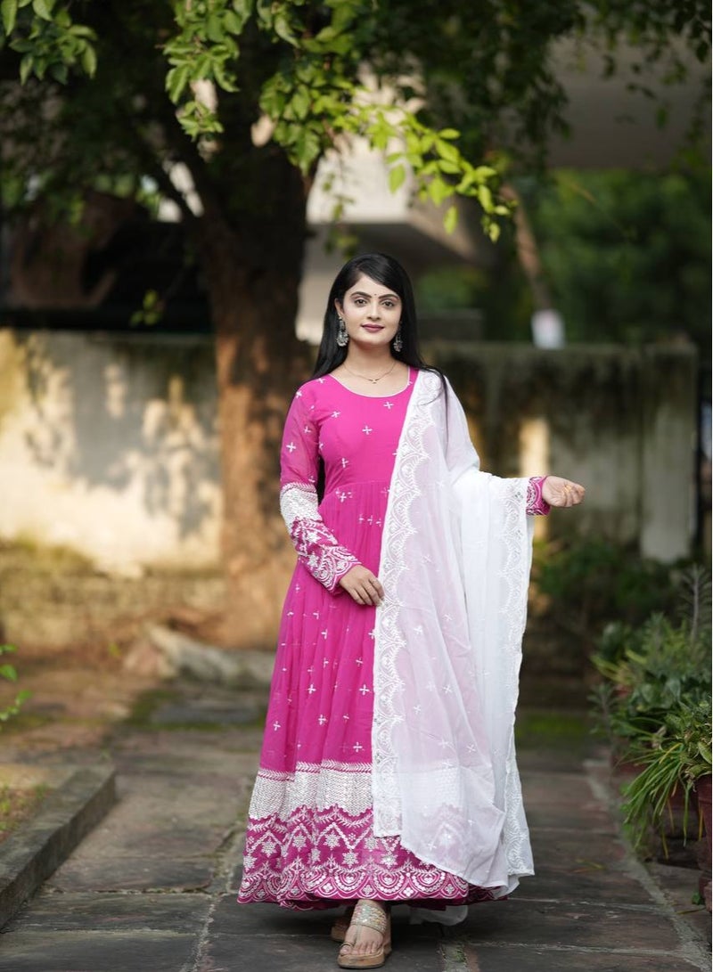 Super Asian Faux Georgette Anarkali Gown with All-Over Embroidery, Full Sleeves, Micro Cotton Lining, Pants & Lace Border Dupatta - Image 4