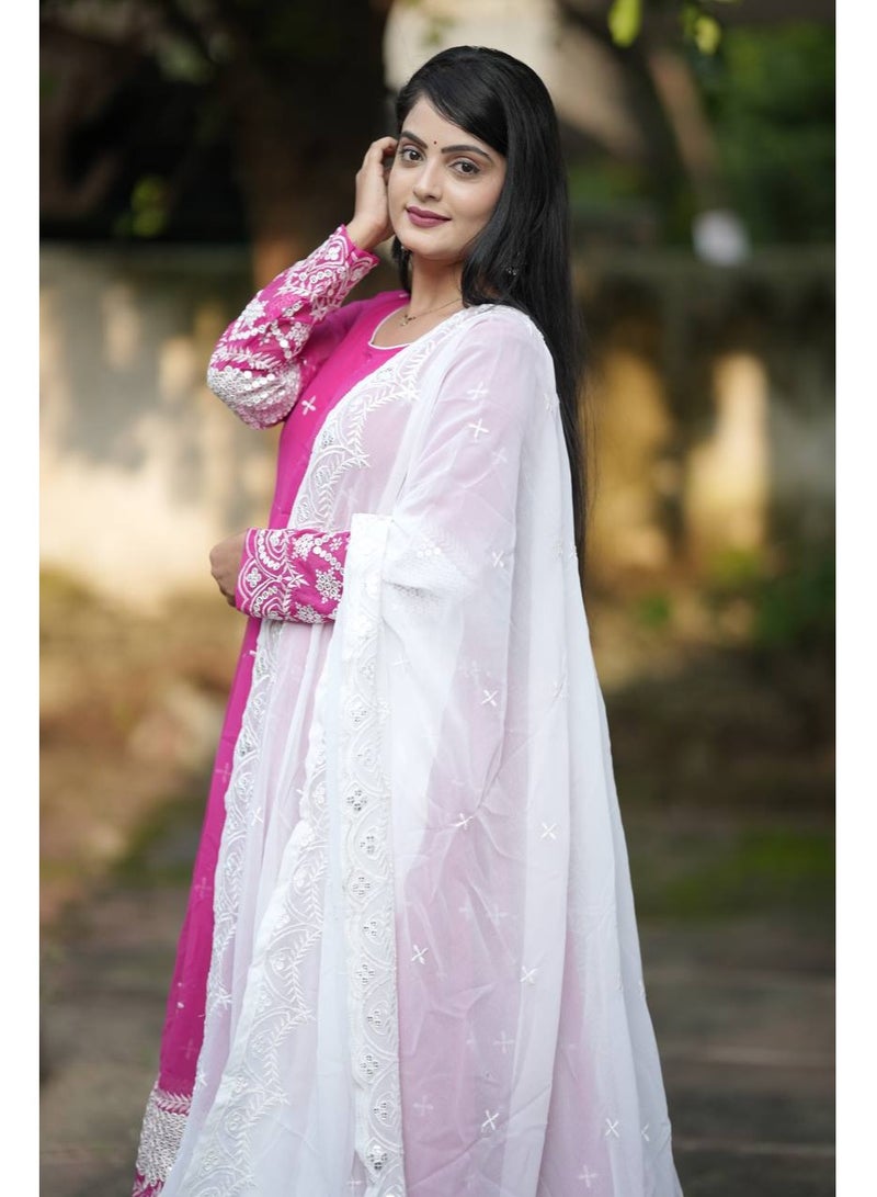 Super Asian Faux Georgette Anarkali Gown with All-Over Embroidery, Full Sleeves, Micro Cotton Lining, Pants & Lace Border Dupatta - Image 5