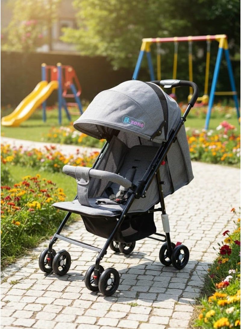 متجر ان زون عربة أطفال من بيبي زون _ خفيفة للتنقل مع حاجز حماية أمامي ومظلة واسعة ونافذة تهوية شبكية - لون رمادي - Image 1