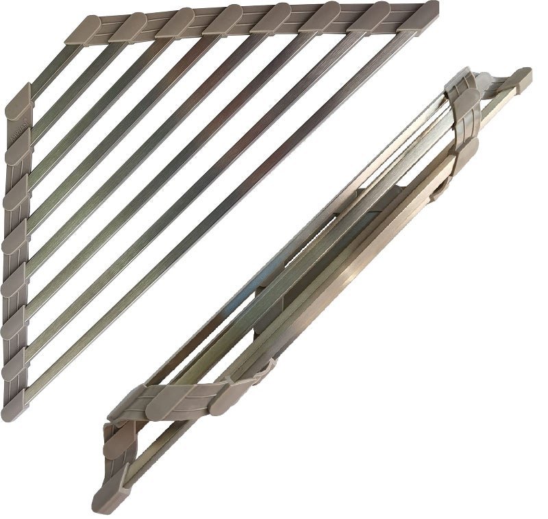 Triangle Dish Drying Rack for Sink Corner Roll Up Dish Drying Rack Folding Stainless Steel Multipurpose Over The Sink Corner Dish Drainer Mat for Kitchen Hard and Stable Grey