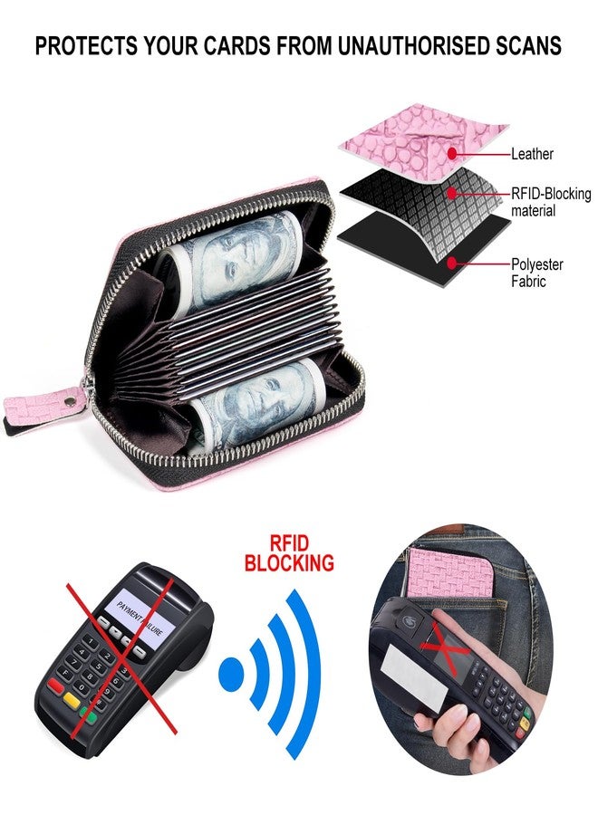 EcoVision Credit Card Holder RFID Card Case Wallet, Small Accordion Zipper Card Case Holder, Card Organizer Case for Women Men, Woven Pattern Pink, Minimalist - Image 4