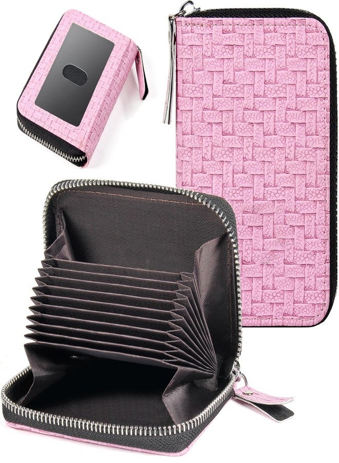 EcoVision Credit Card Holder RFID Card Case Wallet, Small Accordion Zipper Card Case Holder, Card Organizer Case for Women Men, Woven Pattern Pink, Minimalist - Image 1